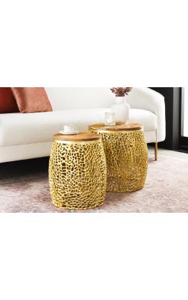 Set of 2 round tables CORY gold and gold top in acacia