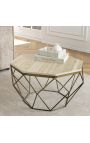 Octogonal "Diamo" coffee table, beige travertine top & brass-colored metal