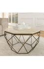 Octogonal "Diamo" coffee table, beige travertine top & brass-colored metal