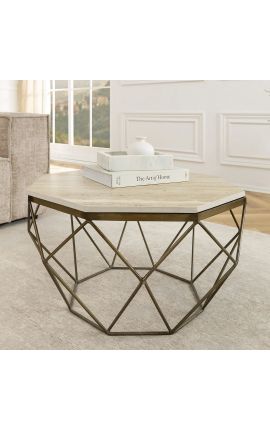 Octogonal "Diamo" coffee table, beige travertine top & brass-colored metal