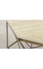 Octogonal "Diamo" coffee table, beige travertine top & brass-colored metal