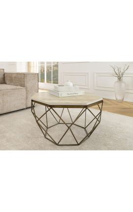 Octogonal &quot;Diamo&quot; coffee table, beige travertine top &amp; brass-colored metal