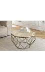 Octogonal "Diamo" coffee table, beige travertine top & brass-colored metal