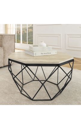 Low table "Diamo" octagonal top of travertine and black metal