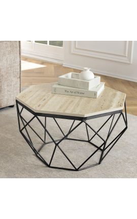 Low table "Diamo" octagonal top of travertine and black metal