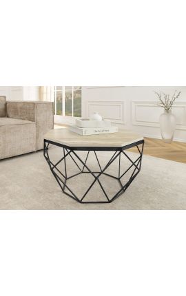 Low table &quot;Diamo&quot; octagonal top of travertine and black metal