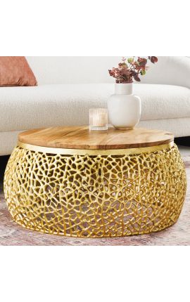 Round table "Cory" of gold aluminium, top in acacia 72 cm