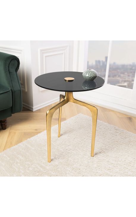 Side table "TRECK" of gold aluminium and top of smoky glass