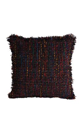 Coussin carré tissu bouclé et satiné multicolore et noir 45 x 45