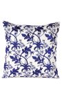 White and blue square cushion in embroidered linen pattern floral 45 x 45