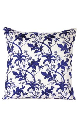 White and blue square cushion in embroidered linen pattern floral 45 x 45