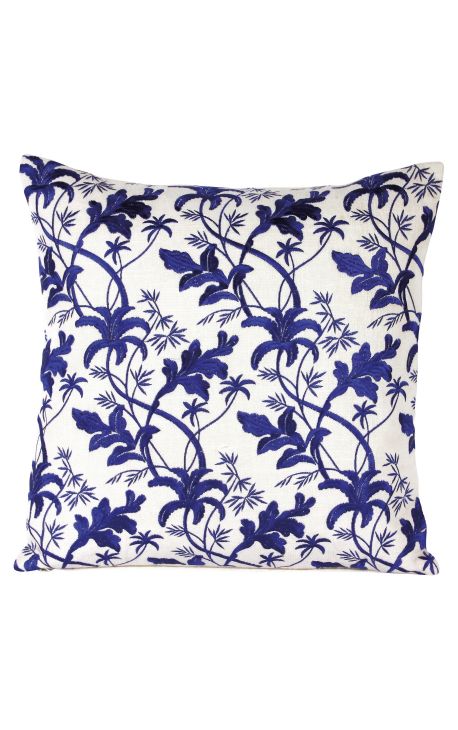 White and blue square cushion in embroidered linen pattern floral 45 x 45