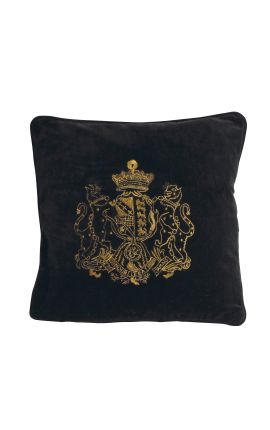 Coussin carré noir brodé d'amoiries dorées en coton 45 x 45