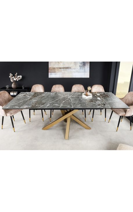 Eettafel "TEMAX" goud en bovenste keramische grijze marmer 180-220-260 cm