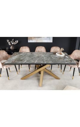 Table de repas &quot;TEMAX&quot; acier doré et plateau en céramique marbre gris 180-220-260cm