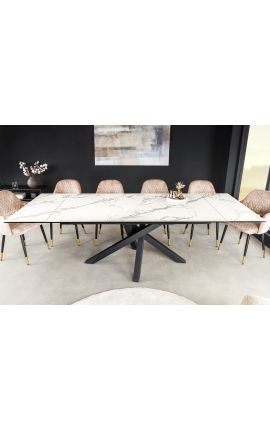 Table de repas "TEMAX" acier noir, plateau en céramique marbre blanc 180-220-260cm