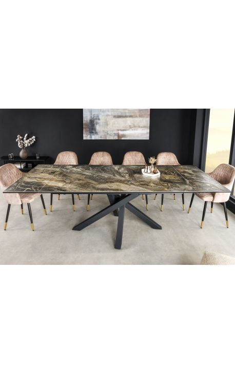 Eettafel "TEMAX" zwart staal, bovenkant keramisch taupe marmer 180-220-260 cm