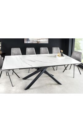 Eettafel "AVORIAZ" zwart staal, bovenkant keramisch marmer wit 160-200