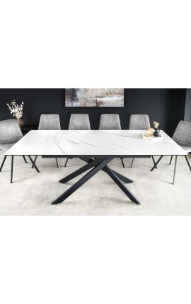 Eettafel &quot;AVORIAZ&quot; zwart staal, bovenkant keramisch marmer wit 160-200