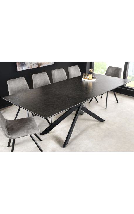 Meal table "AVORIAZ" black steel, top ceramic marble grey