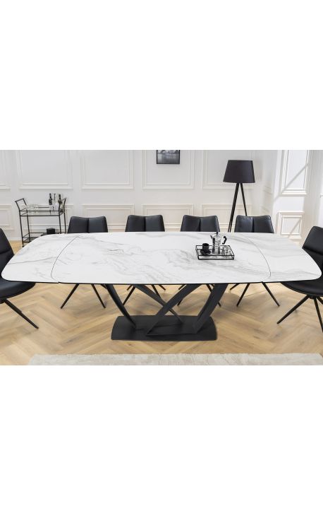 Dining table "LESARCS" black steel, top ceramic marble white 180-220-260cm