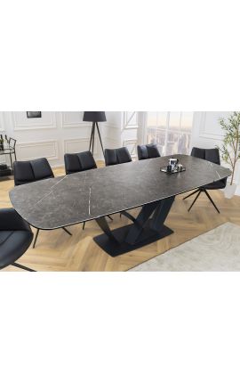 Dining table &quot;LESARCS&quot; black, top ceramic marble grey