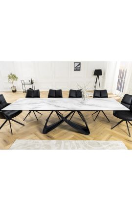 Eettafel &quot;KRIJGT&quot; zwart staal, bovenkant keramisch marmer wit 180-220-260 cm