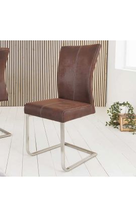 Set of 2 dining chairs "SOAN" chocolate suede fabric and stainless steel