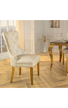 Set of 2 modern baroque chairs, diamond backrest, beige &amp; gold