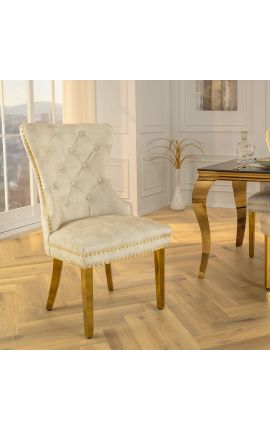 Set of 2 modern baroque chairs, diamond backrest, beige & gold