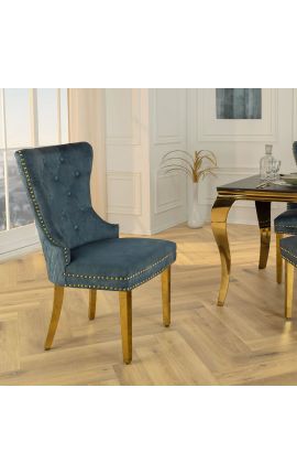 Set de 2 chaises baroque moderne, dossier à losanges, bleu pétrole et acier doré