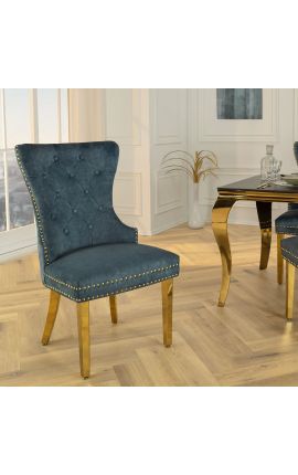 Set of 2 modern baroque chairs, diamond backrest, petrol blue & gold