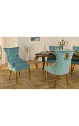 Set de 2 chaises baroque moderne, dossier à losanges, bleu clair et acier doré