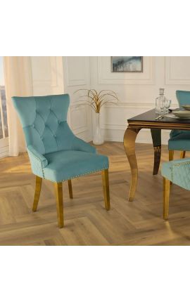 Set de 2 chaises baroque moderne, dossier à losanges, bleu clair et acier doré