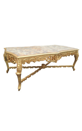 Veľmi veľký jedálenský stôl z dreveného barokného zlatého listu a béžového mramoru