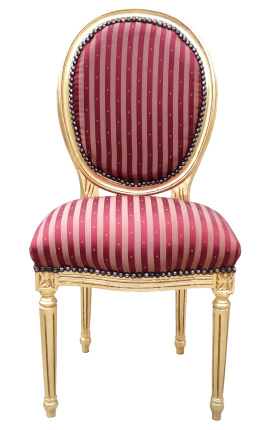 Sedia in stile Luigi XVI con tessuto satinato bordeaux e legno dorato