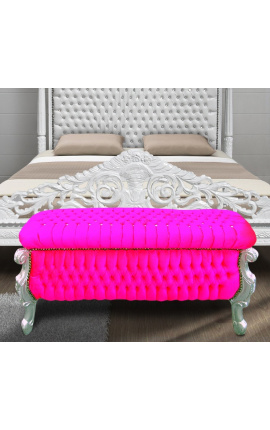 Grande cassapanca barocca in tessuto fucsia in stile Luigi XV con strass e legno argentato