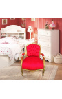 Fotel w stylu barokowym dla dziecka czerwony aksamit i złote drewno