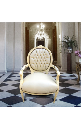 Baroque armchair Louis XVI style medallion in false beige leather skin and beige lacquered wood 