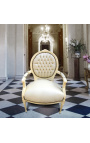 Baroque armchair Louis XVI style medallion in false beige leather skin and beige lacquered wood 