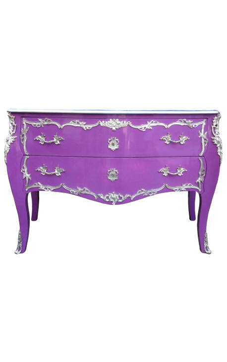 Grande commode baroque de style Louis XV mauve avec bronzes argentés