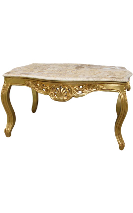 Tavolino in stile barocco in legno dorato con marmo beige
