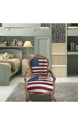 Barocker Kindersessel im Louis XV-Stil mit amerikanischer Flagge und Naturholz