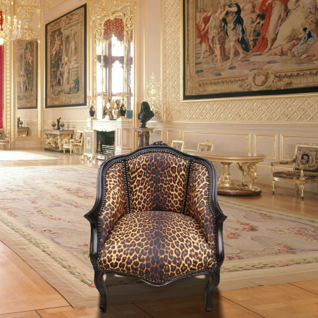 Bergere armchair Louis XV style with leopard fabric and glossy