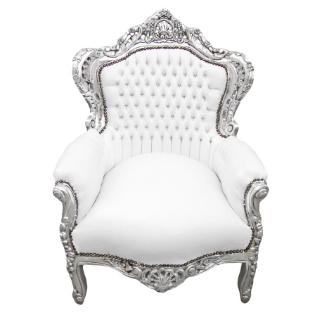 Big baroque style armchair white faux leather and silver wood