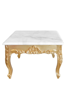 Štvorcový konferenčný stôl barokového štýlu zlaté drevo s listom a biely mramorový vrch