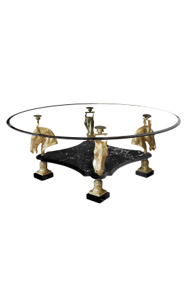 Okrúhly jedálenský stôl s bronzovými konskými dekoráciami a čiernym mramorom