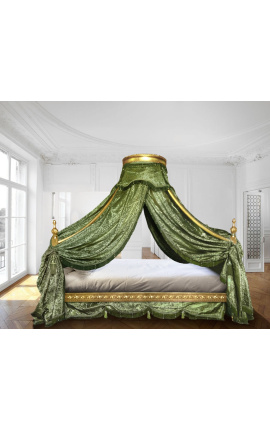 Baroková baldachínová posteľ so zlatým drevom a zelenou saténovou tkaninou