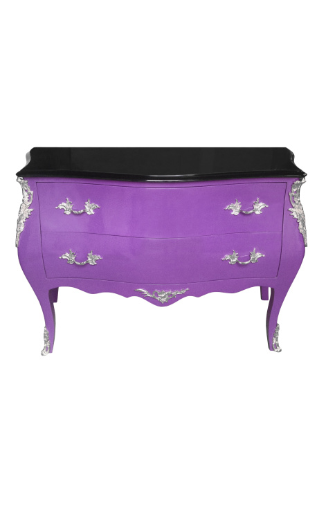 Μπαρόκ συρταριέρα (commode) σε στυλ Louis XV μωβ, μαύρο τοπ, ασημί μπρονζέ, 2 συρτάρια