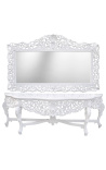 Enorme console avec miroir de style baroque en bois laqué blanc et grand miroir